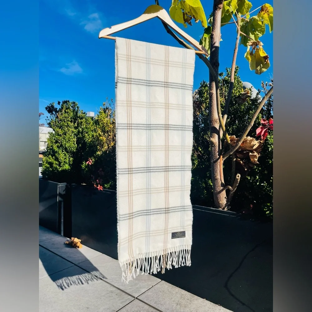 100% CASHMERE European Fringed Plaid Cream Scarf